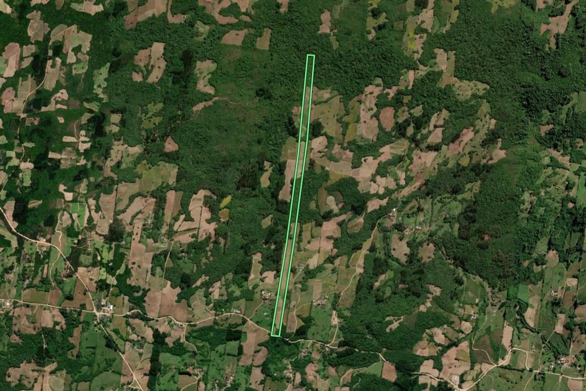 Imagem de satélite do imóvel rural em São Lourenço do Sul (RS), com o contorno declarado no CAR desenhado por cima.