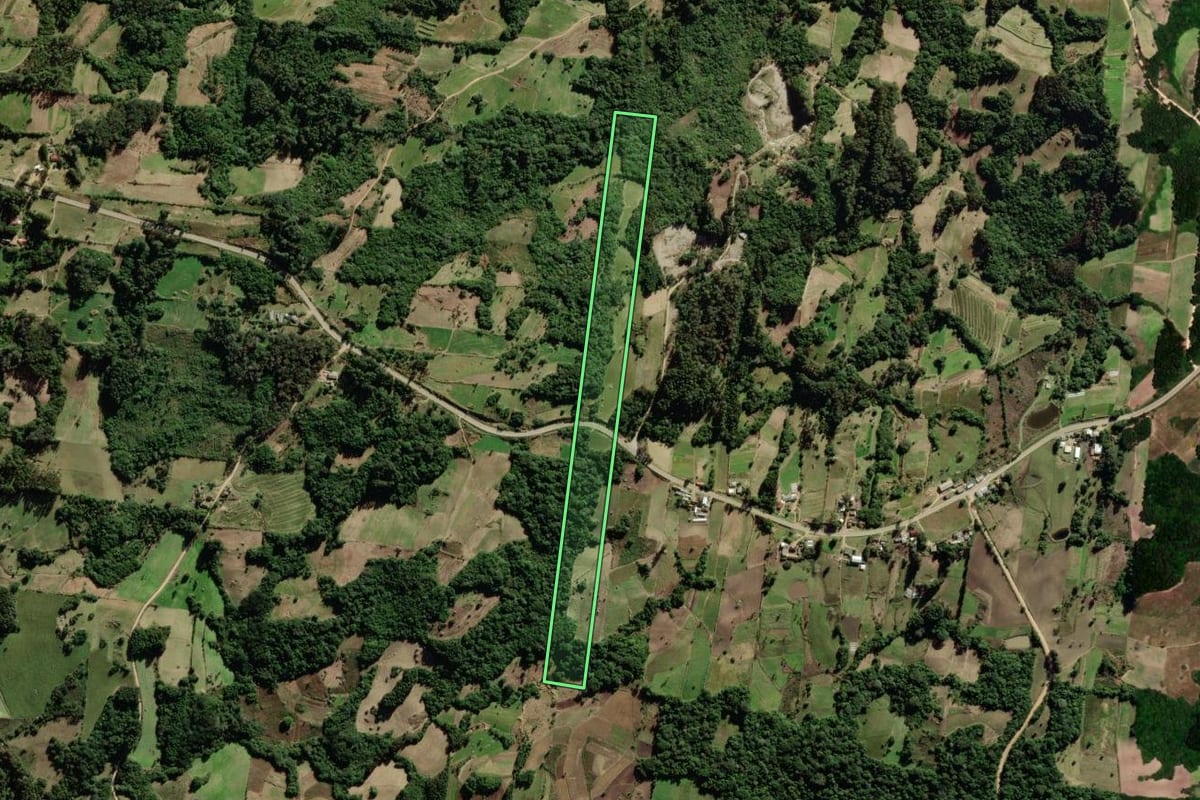 Imagem de satélite do imóvel rural em São Lourenço do Sul (RS), com o contorno declarado no CAR desenhado por cima.
