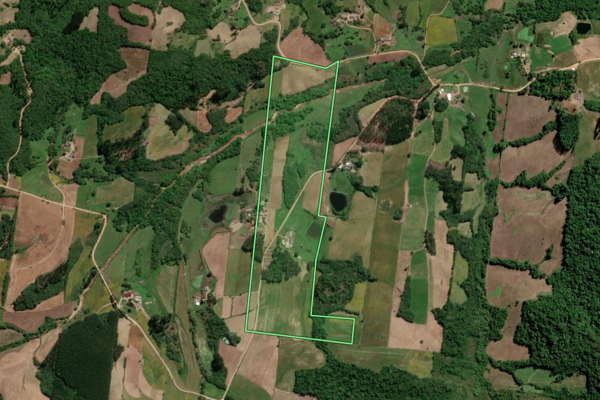 Imagem de satélite do imóvel rural em São Lourenço do Sul (RS), com o contorno declarado no CAR desenhado por cima.