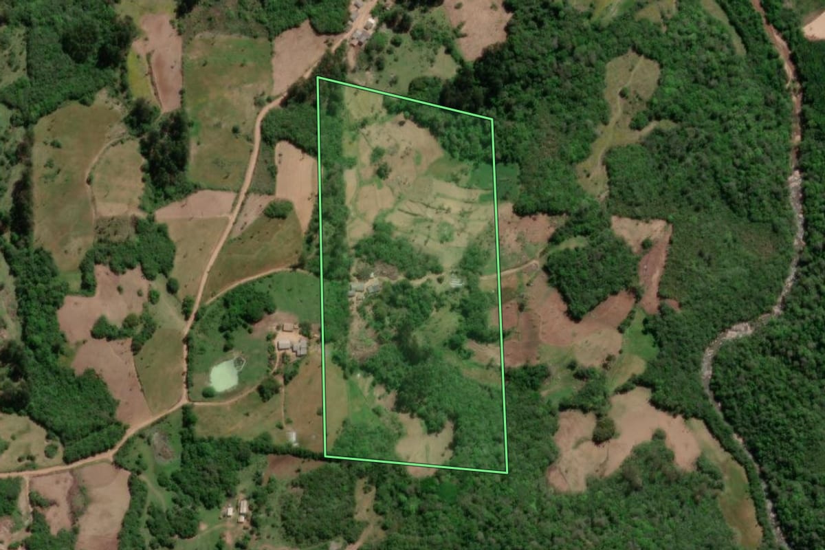 Imagem de satélite do imóvel rural em São Lourenço do Sul (RS), com o contorno declarado no CAR desenhado por cima.