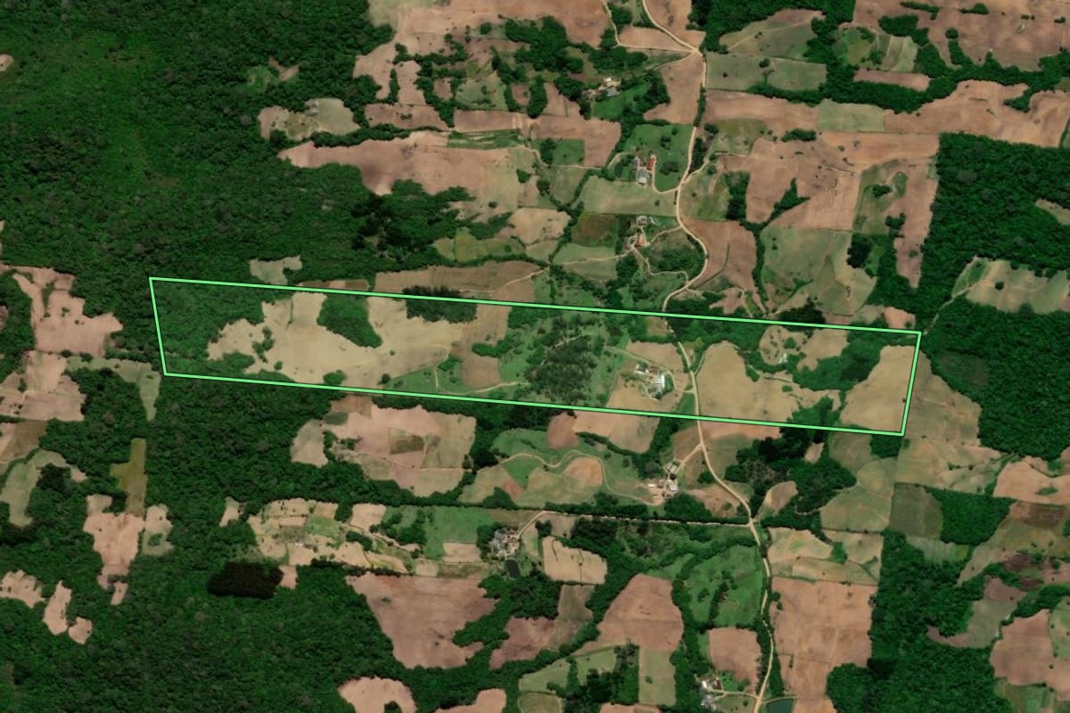 Imagem de satélite do imóvel rural em São Lourenço do Sul (RS), com o contorno declarado no CAR desenhado por cima.