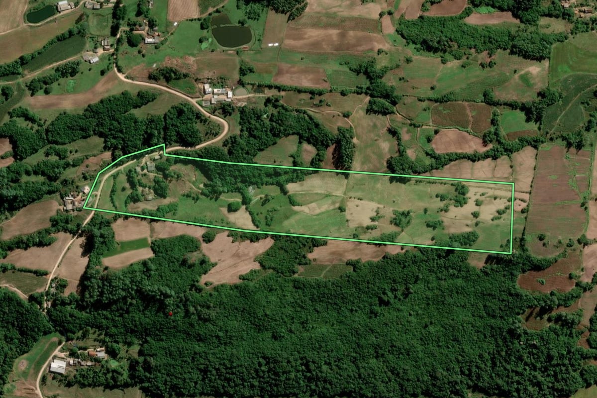 Imagem de satélite do imóvel rural em São Lourenço do Sul (RS), com o contorno declarado no CAR desenhado por cima.