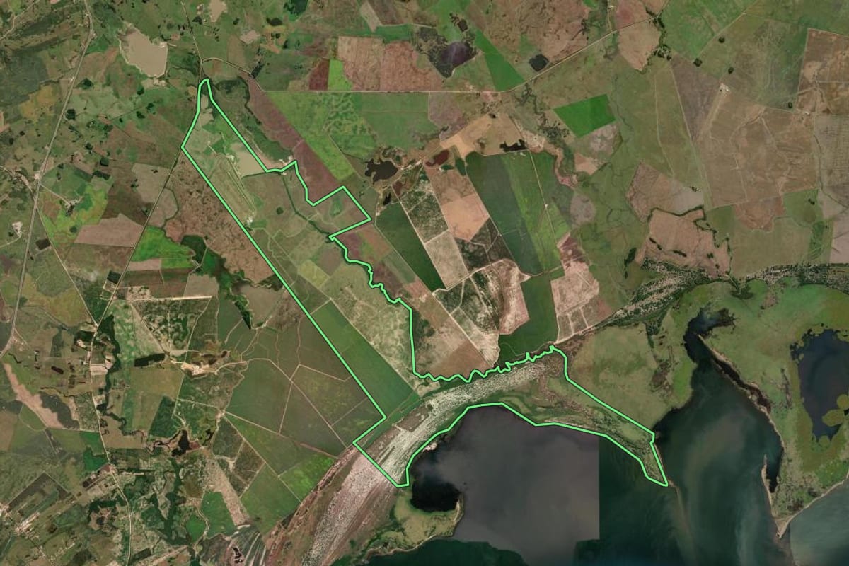 Imagem de satélite do imóvel rural em São Lourenço do Sul (RS), com o contorno declarado no CAR desenhado por cima.