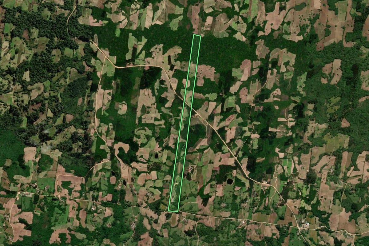 Imagem de satélite do imóvel rural em São Lourenço do Sul (RS), com o contorno declarado no CAR desenhado por cima.