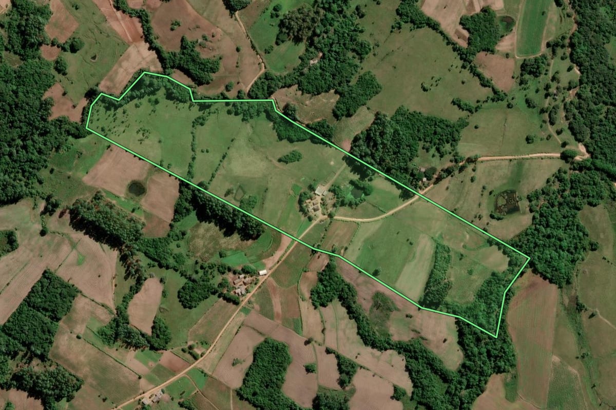 Imagem de satélite do imóvel rural em São Lourenço do Sul (RS), com o contorno declarado no CAR desenhado por cima.
