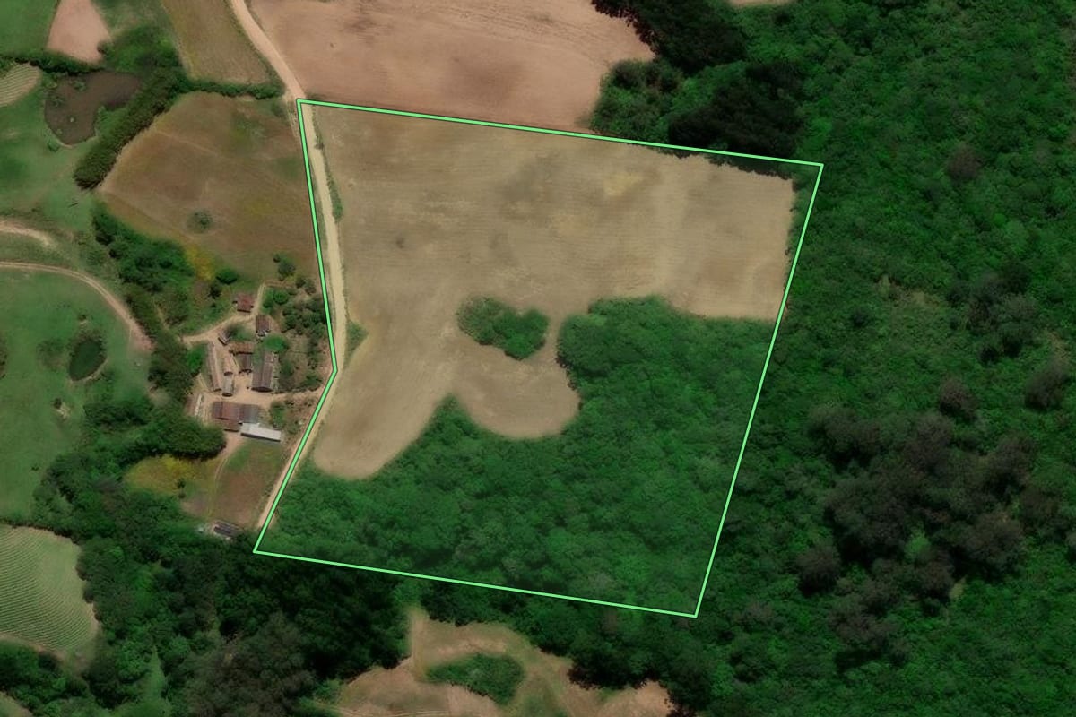 Imagem de satélite do imóvel rural em São Lourenço do Sul (RS), com o contorno declarado no CAR desenhado por cima.