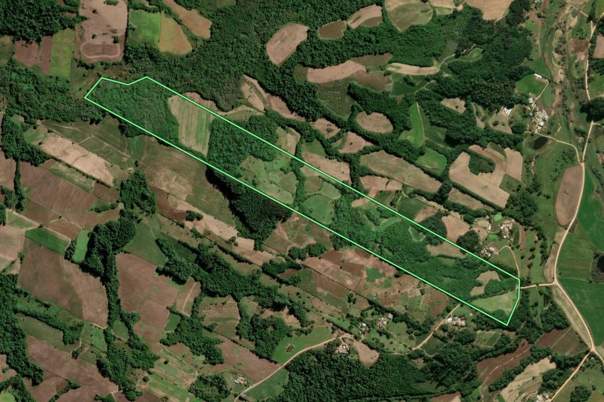 Imagem de satélite do imóvel rural em São Lourenço do Sul (RS), com o contorno declarado no CAR desenhado por cima.
