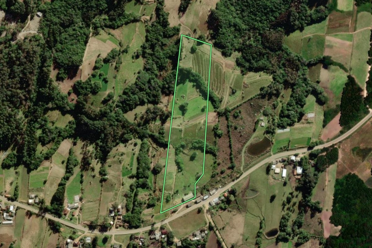 Imagem de satélite do imóvel rural em São Lourenço do Sul (RS), com o contorno declarado no CAR desenhado por cima.