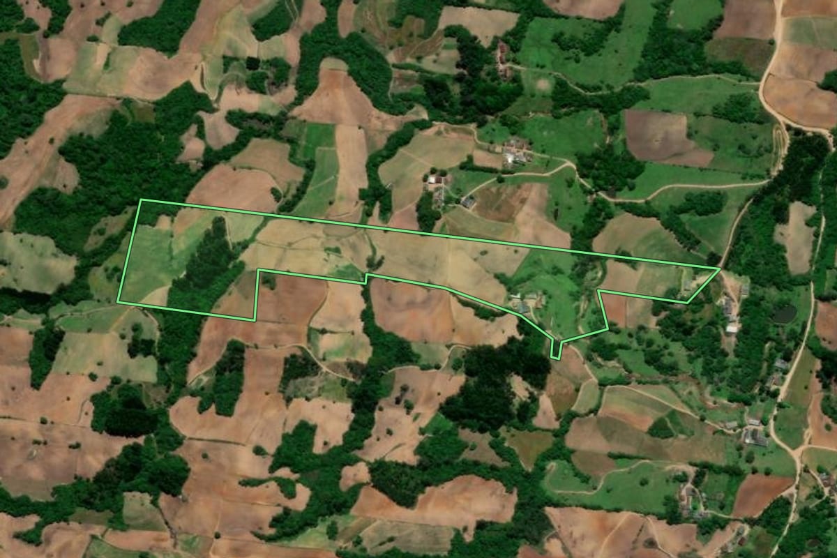 Imagem de satélite do imóvel rural em São Lourenço do Sul (RS), com o contorno declarado no CAR desenhado por cima.
