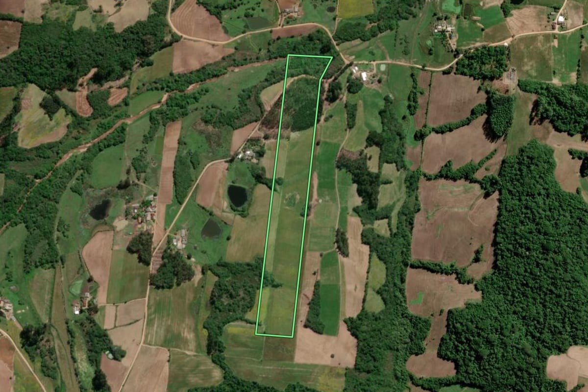 Imagem de satélite do imóvel rural em São Lourenço do Sul (RS), com o contorno declarado no CAR desenhado por cima.