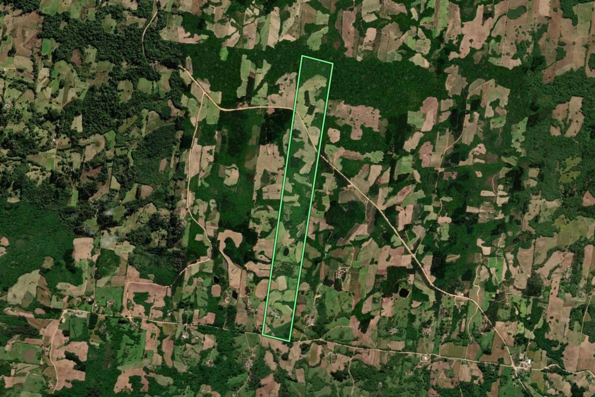 Imagem de satélite do imóvel rural em São Lourenço do Sul (RS), com o contorno declarado no CAR desenhado por cima.