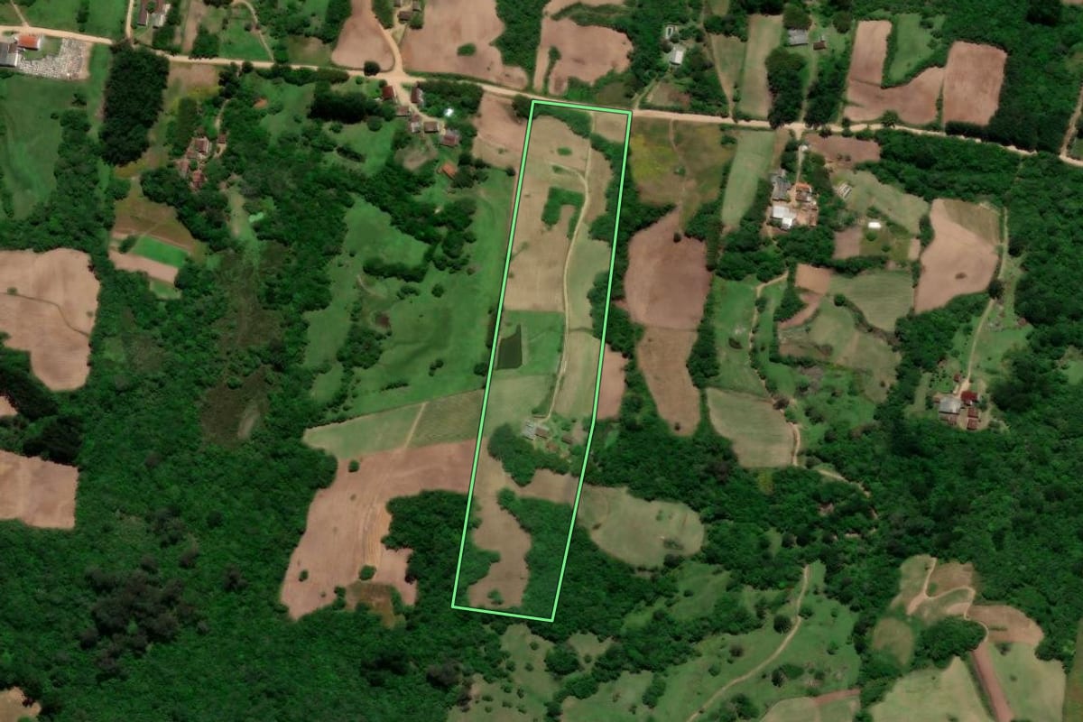 Imagem de satélite do imóvel rural em São Lourenço do Sul (RS), com o contorno declarado no CAR desenhado por cima.