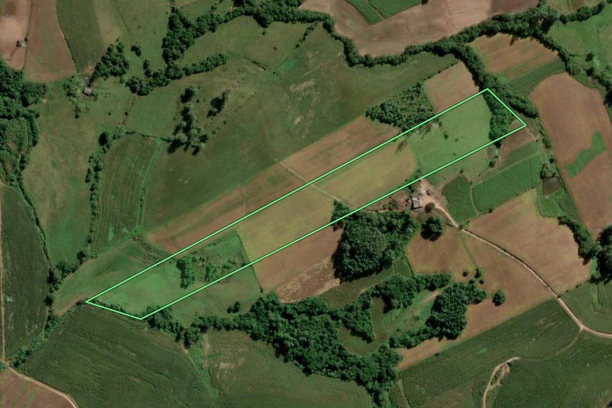 Imagem de satélite do imóvel rural em São Lourenço do Sul (RS), com o contorno declarado no CAR desenhado por cima.