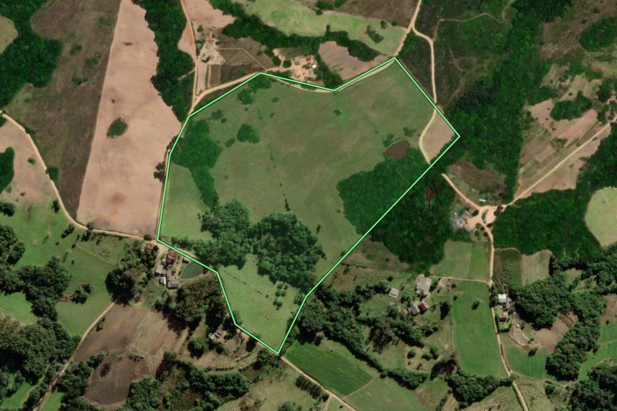Imagem de satélite do imóvel rural em São Lourenço do Sul (RS), com o contorno declarado no CAR desenhado por cima.