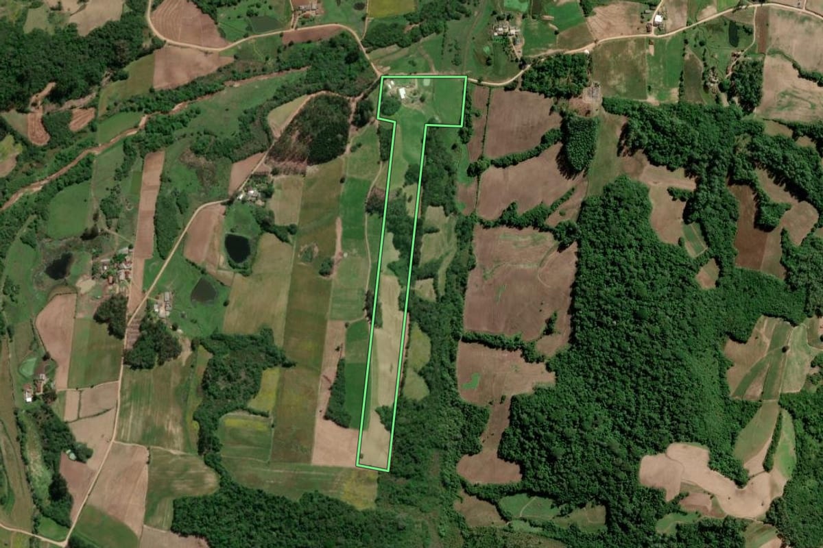 Imagem de satélite do imóvel rural em São Lourenço do Sul (RS), com o contorno declarado no CAR desenhado por cima.