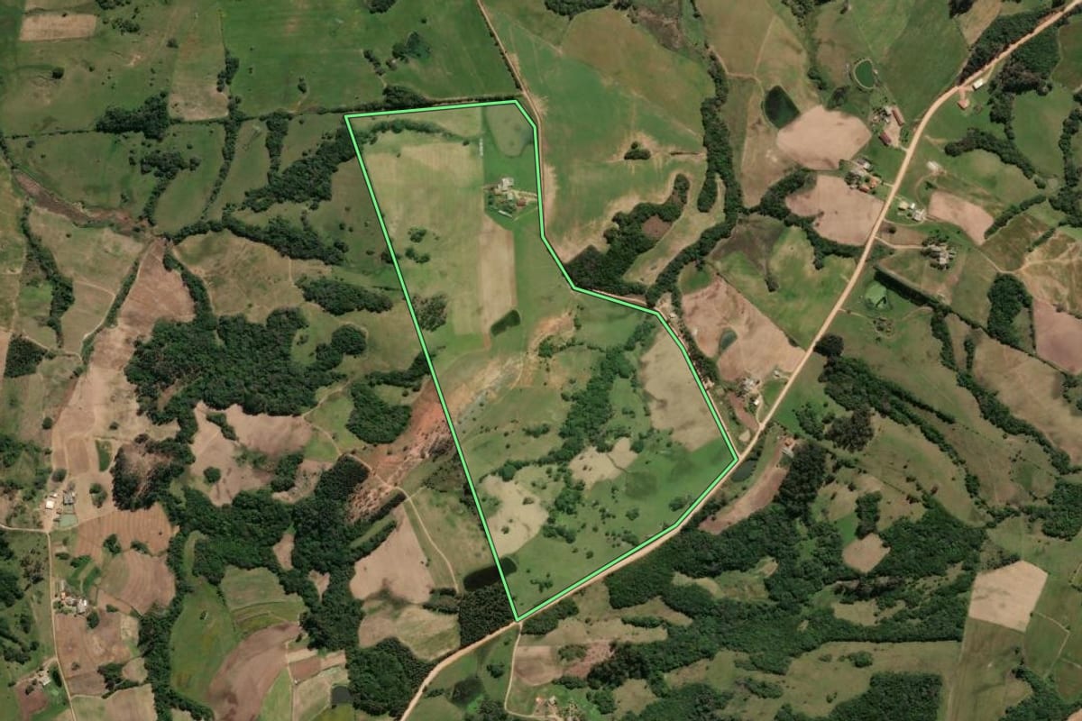 Imagem de satélite do imóvel rural em São Lourenço do Sul (RS), com o contorno declarado no CAR desenhado por cima.