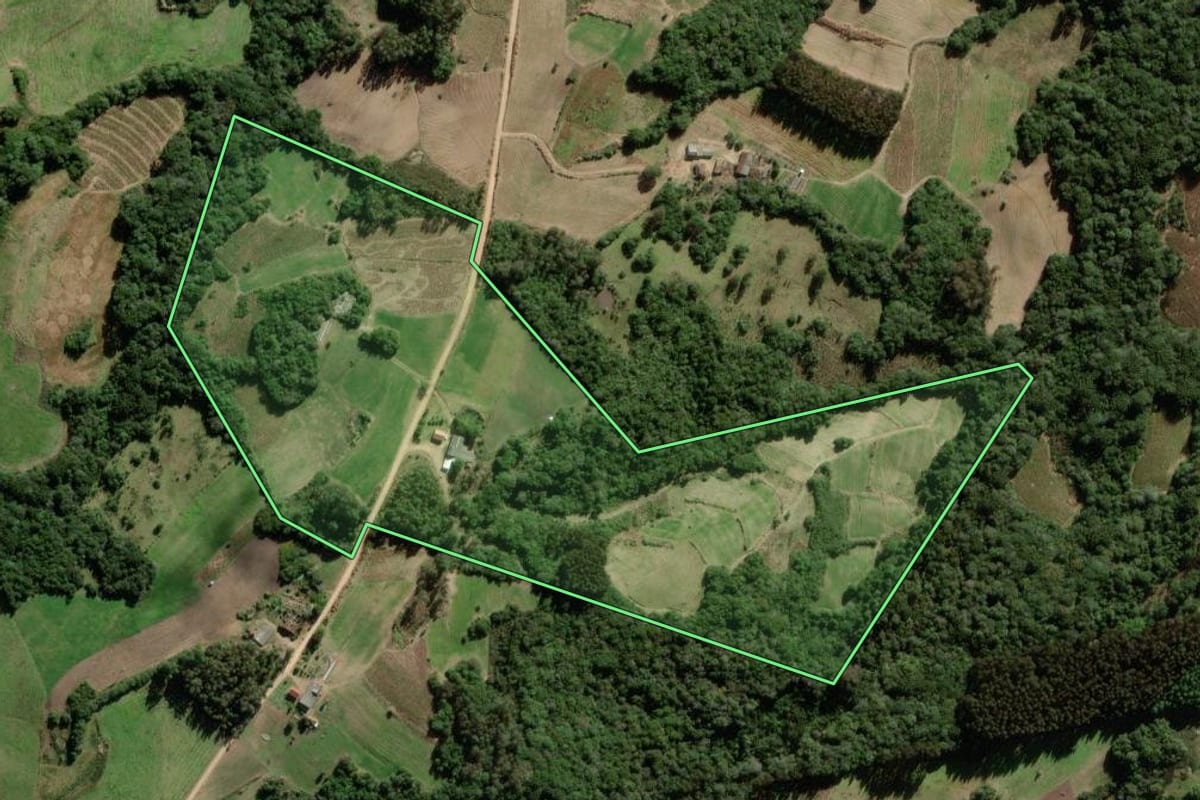 Imagem de satélite do imóvel rural em São Lourenço do Sul (RS), com o contorno declarado no CAR desenhado por cima.