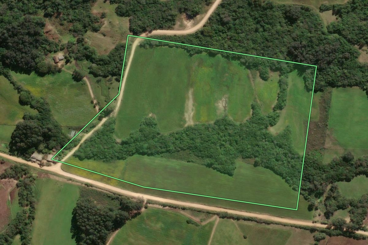 Imagem de satélite do imóvel rural em São Lourenço do Sul (RS), com o contorno declarado no CAR desenhado por cima.