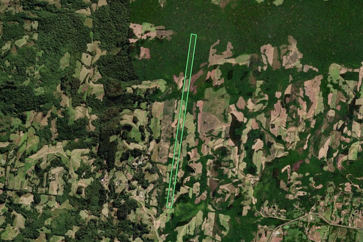 Imagem de satélite do imóvel rural em São Lourenço do Sul (RS), com o contorno declarado no CAR desenhado por cima.