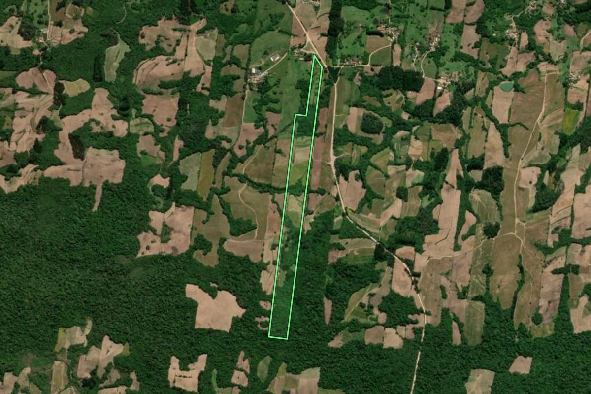 Imagem de satélite do imóvel rural em São Lourenço do Sul (RS), com o contorno declarado no CAR desenhado por cima.