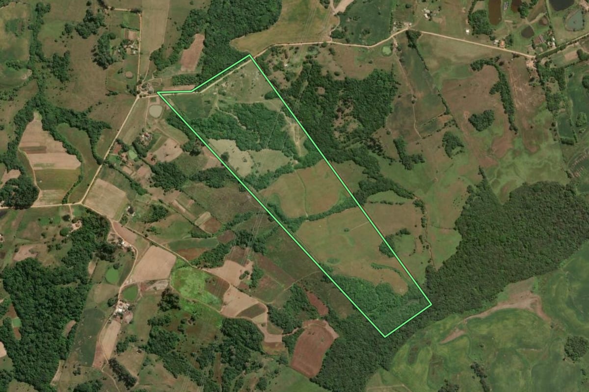 Imagem de satélite do imóvel rural em São Lourenço do Sul (RS), com o contorno declarado no CAR desenhado por cima.