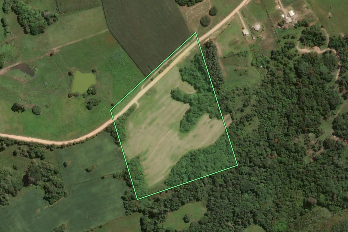 Imagem de satélite do imóvel rural em São Lourenço do Sul (RS), com o contorno declarado no CAR desenhado por cima.