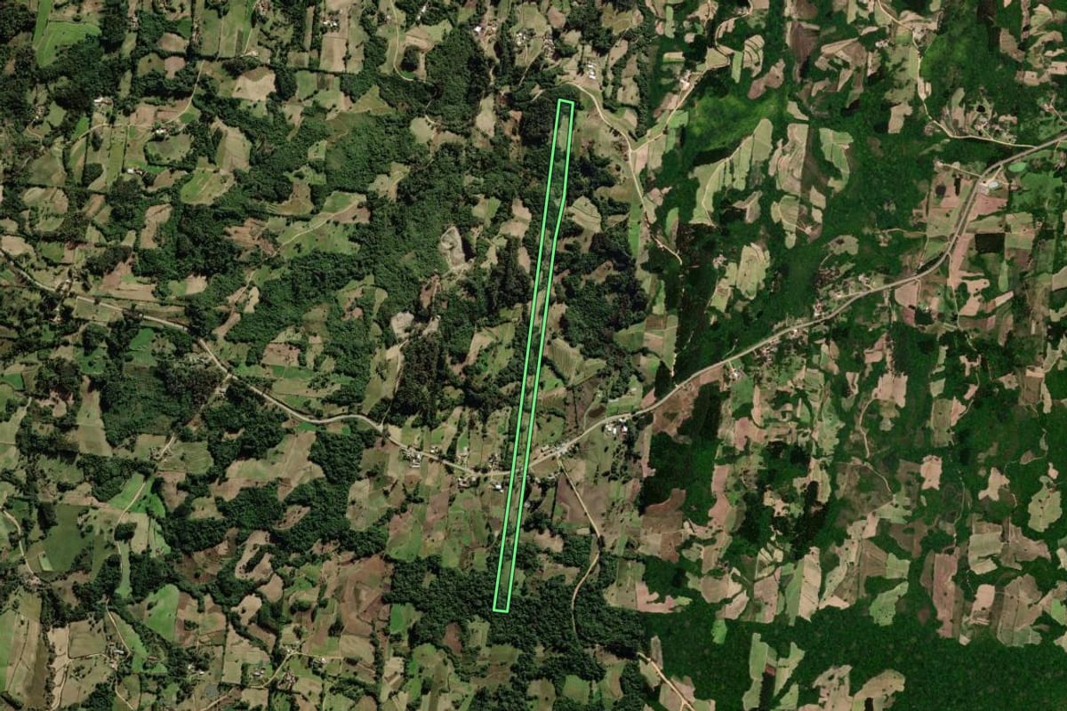 Imagem de satélite do imóvel rural em São Lourenço do Sul (RS), com o contorno declarado no CAR desenhado por cima.