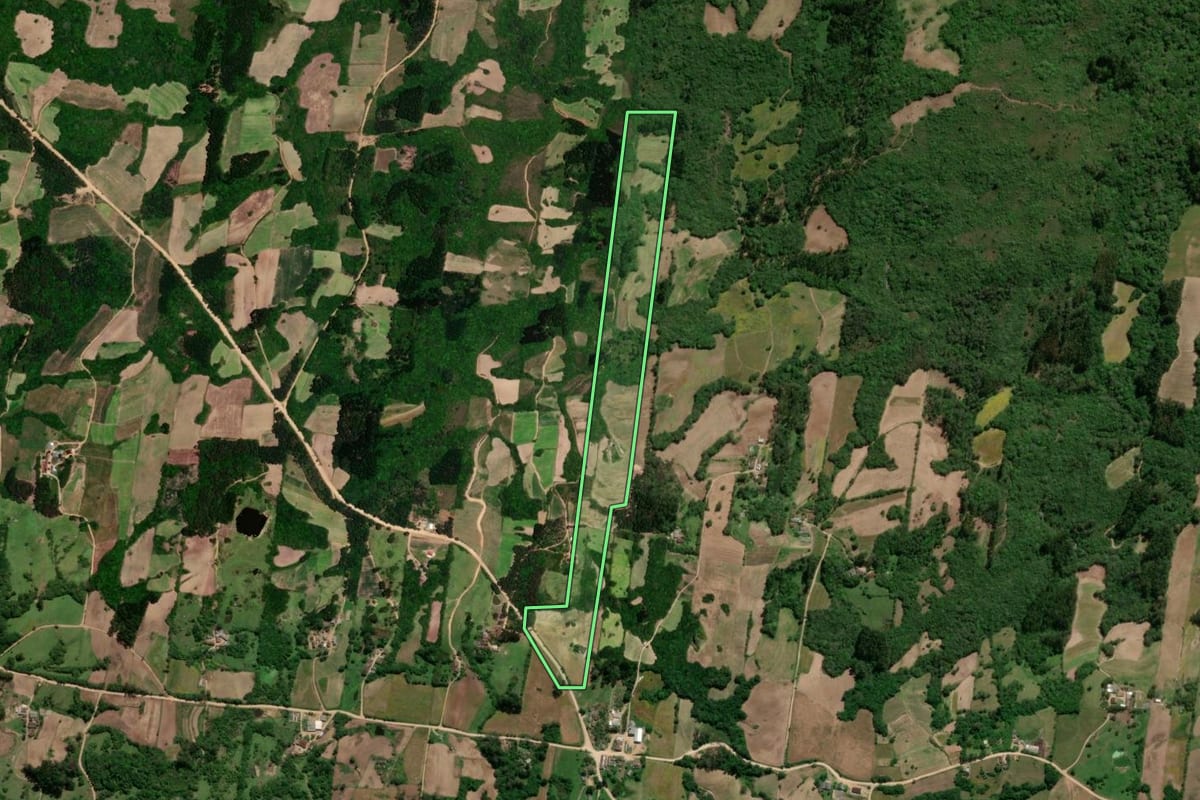 Imagem de satélite do imóvel rural em São Lourenço do Sul (RS), com o contorno declarado no CAR desenhado por cima.