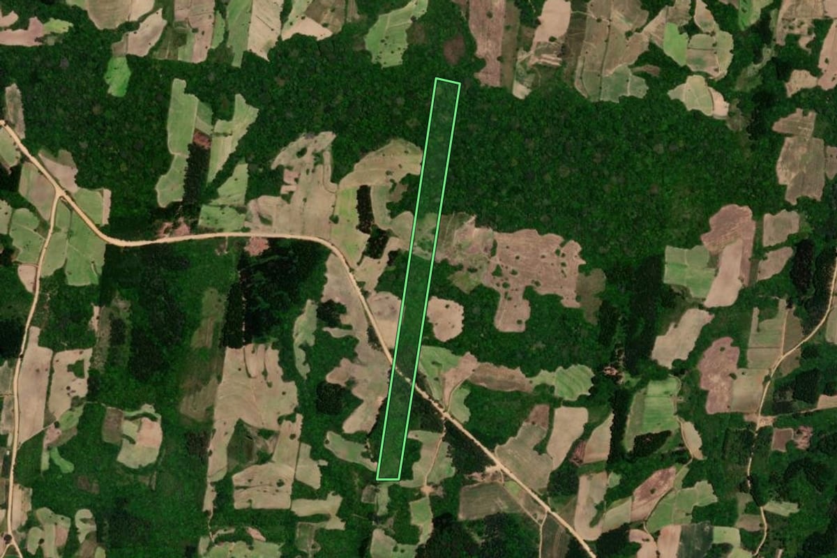 Imagem de satélite do imóvel rural em São Lourenço do Sul (RS), com o contorno declarado no CAR desenhado por cima.