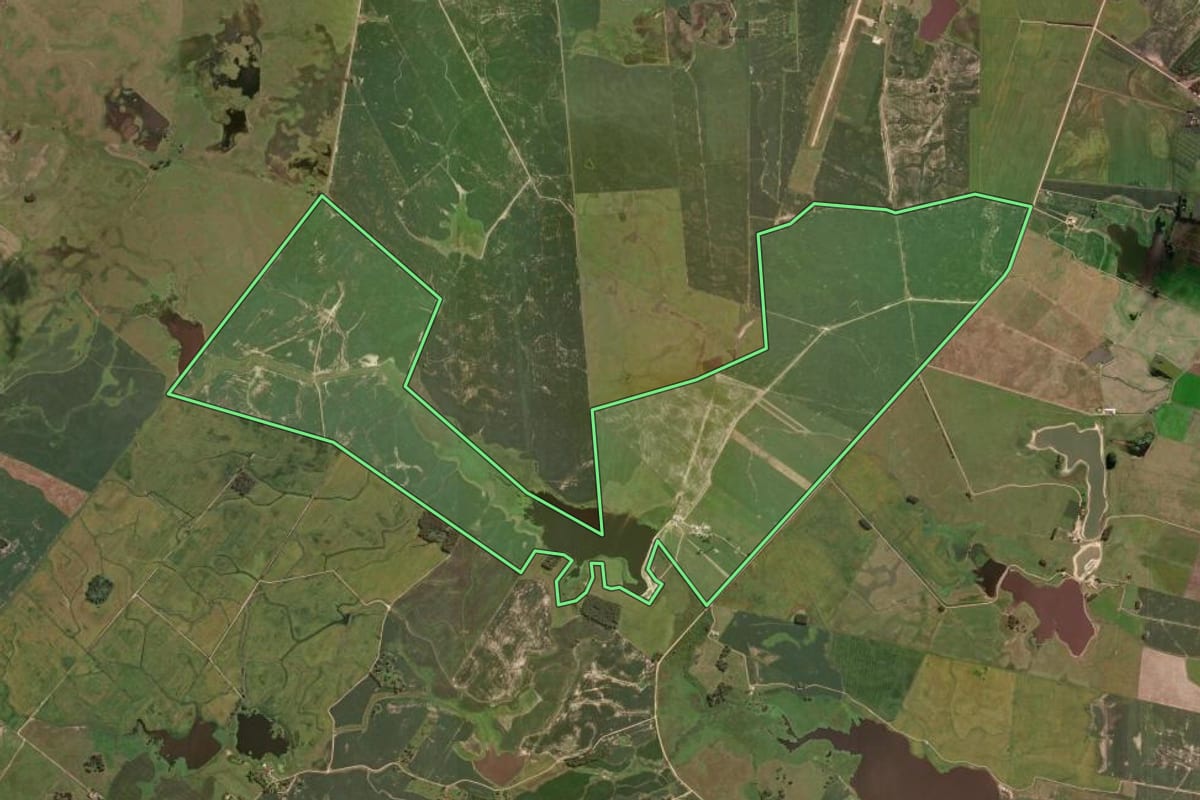 Imagem de satélite do imóvel rural em São Lourenço do Sul (RS), com o contorno declarado no CAR desenhado por cima.
