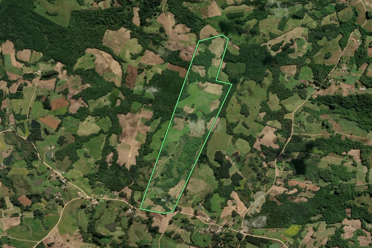 Imagem de satélite do imóvel rural em São Lourenço do Sul (RS), com o contorno declarado no CAR desenhado por cima.