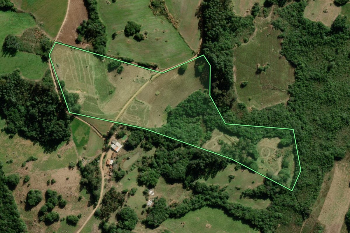 Imagem de satélite do imóvel rural em São Lourenço do Sul (RS), com o contorno declarado no CAR desenhado por cima.
