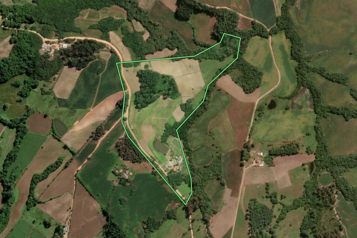 Imagem de satélite do imóvel rural em São Lourenço do Sul (RS), com o contorno declarado no CAR desenhado por cima.
