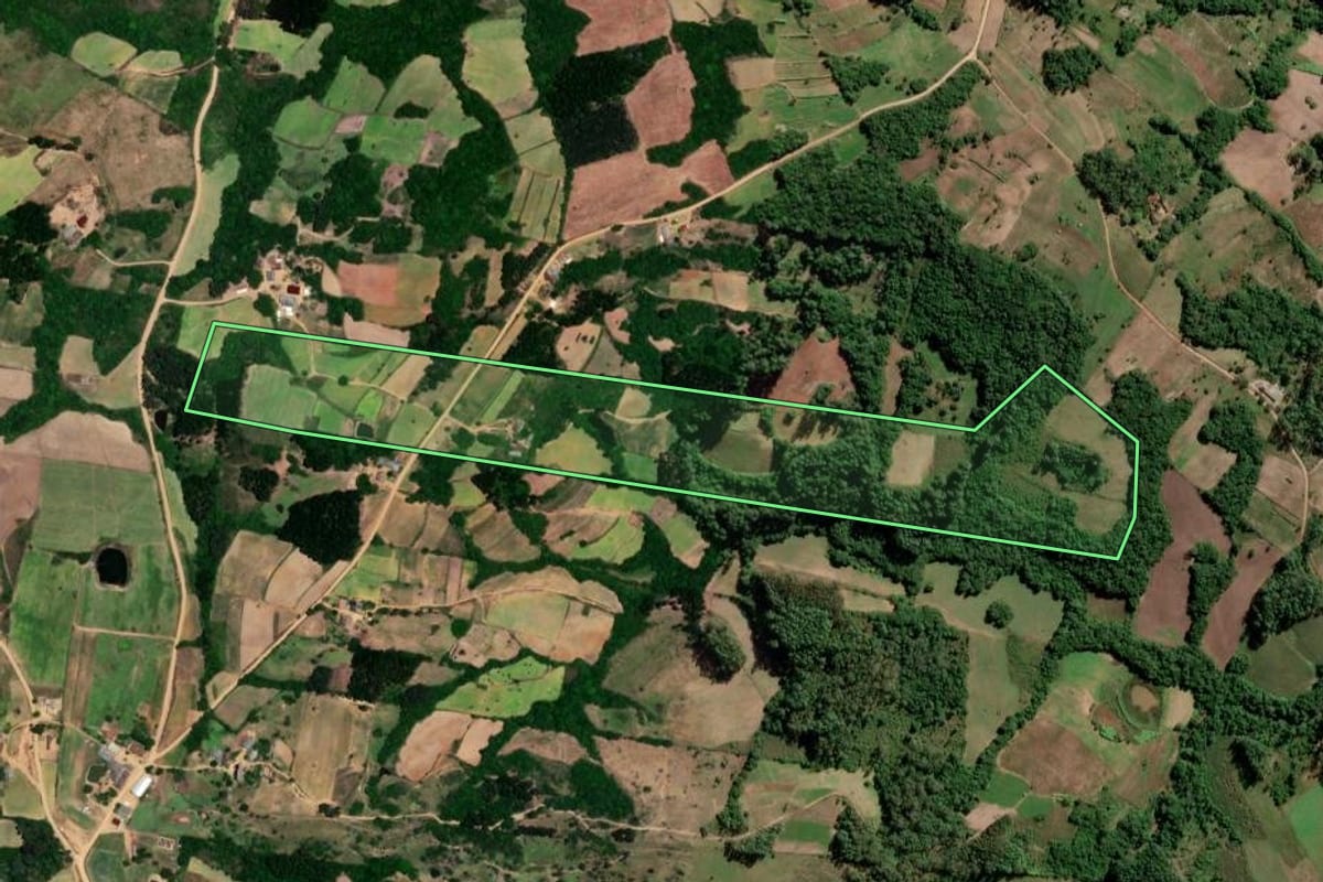 Imagem de satélite do imóvel rural em São Lourenço do Sul (RS), com o contorno declarado no CAR desenhado por cima.