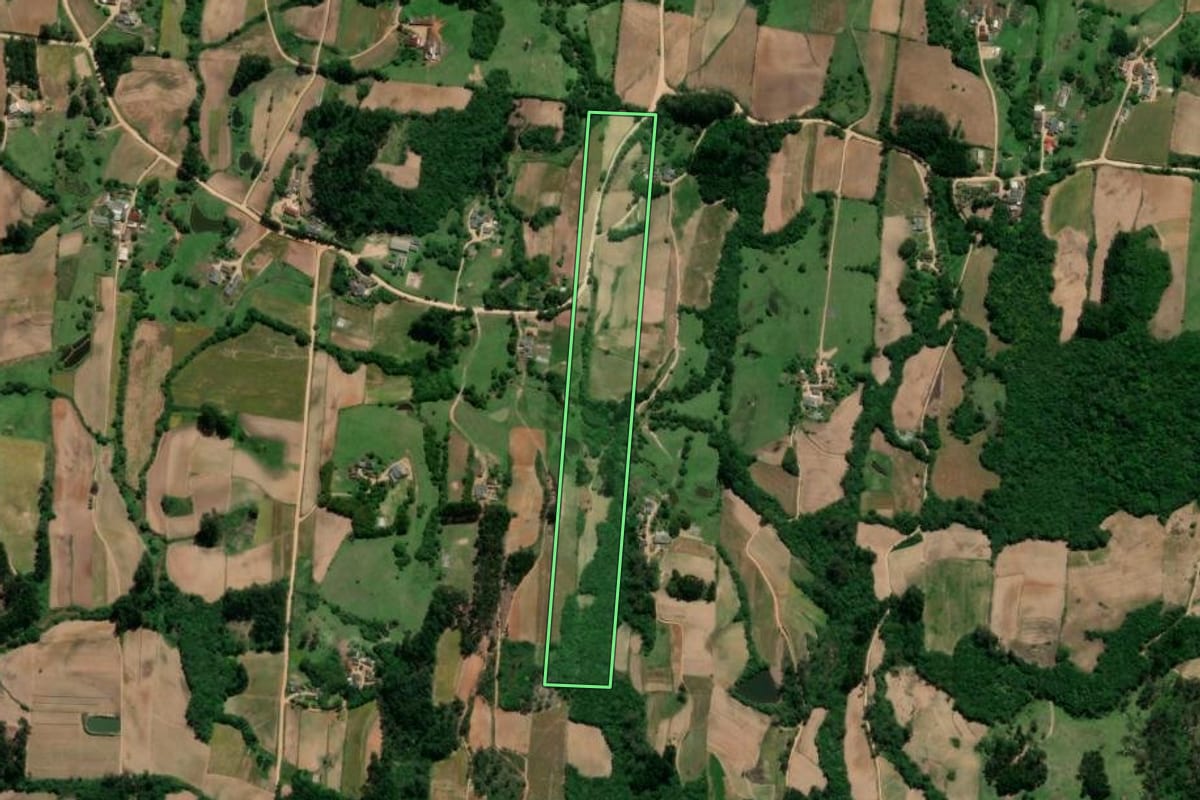 Imagem de satélite do imóvel rural em São Lourenço do Sul (RS), com o contorno declarado no CAR desenhado por cima.