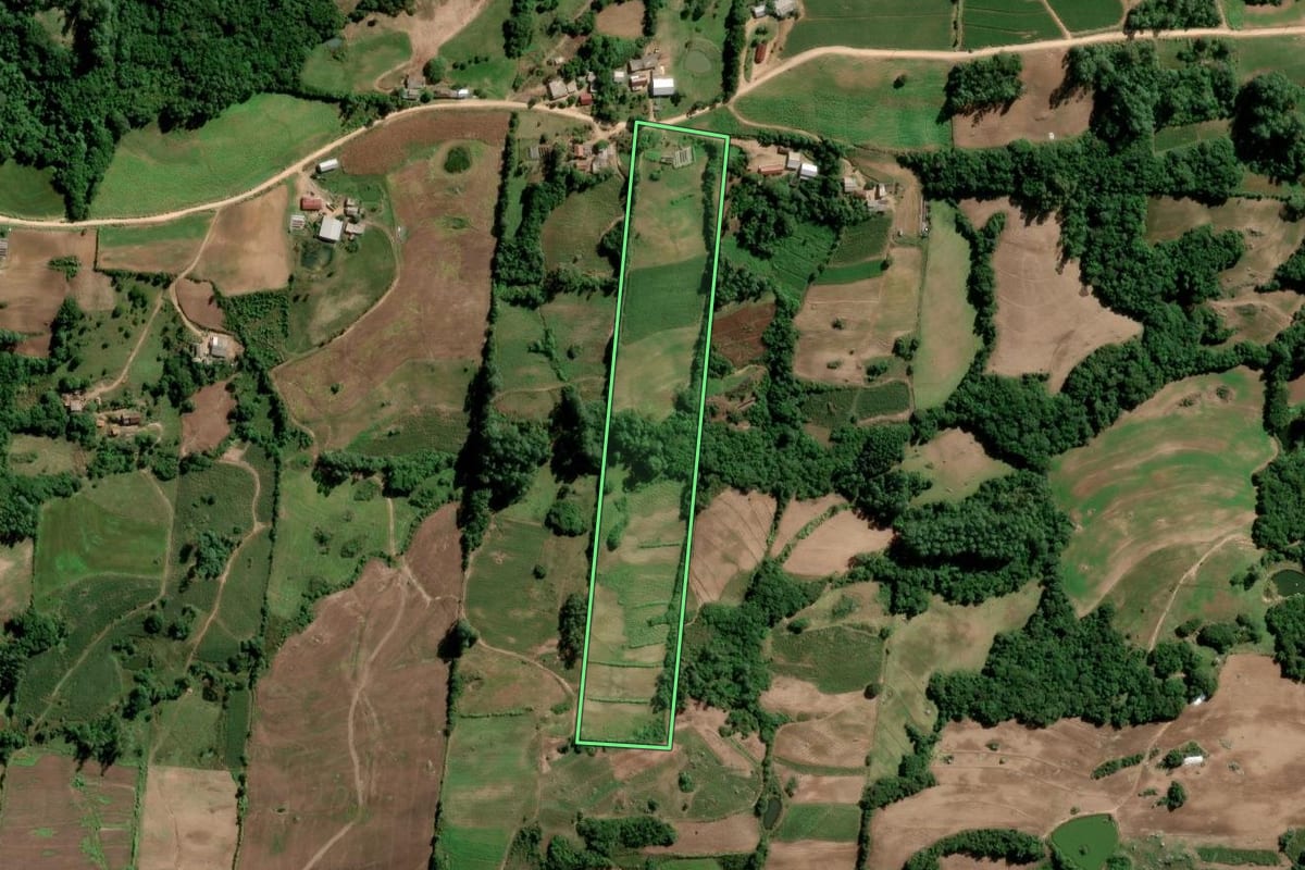 Imagem de satélite do imóvel rural em São Lourenço do Sul (RS), com o contorno declarado no CAR desenhado por cima.