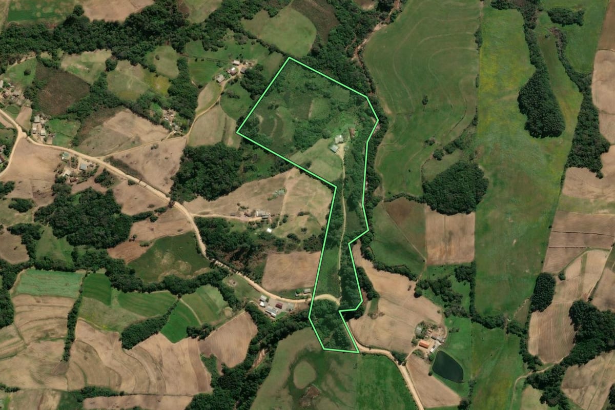 Imagem de satélite do imóvel rural em São Lourenço do Sul (RS), com o contorno declarado no CAR desenhado por cima.