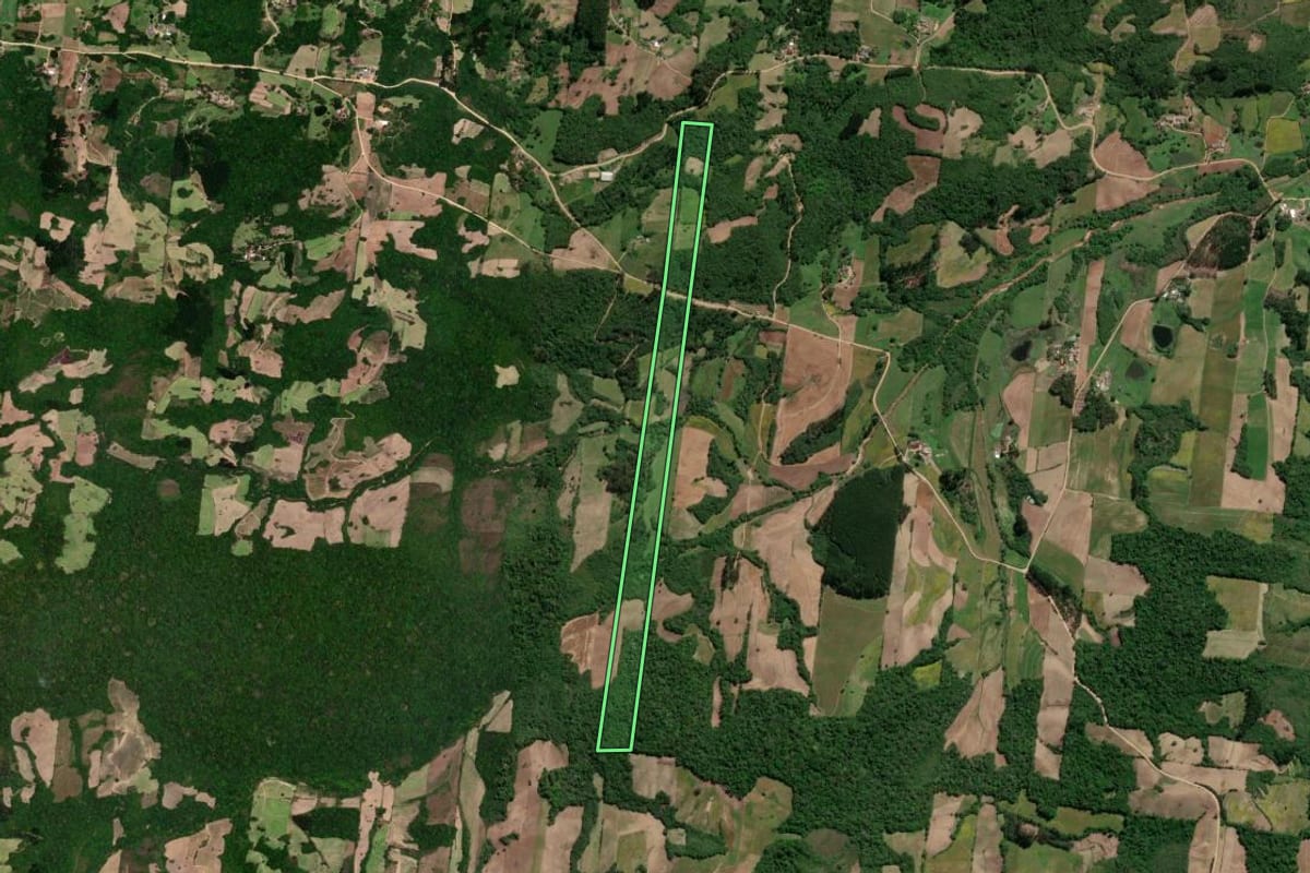 Imagem de satélite do imóvel rural em São Lourenço do Sul (RS), com o contorno declarado no CAR desenhado por cima.