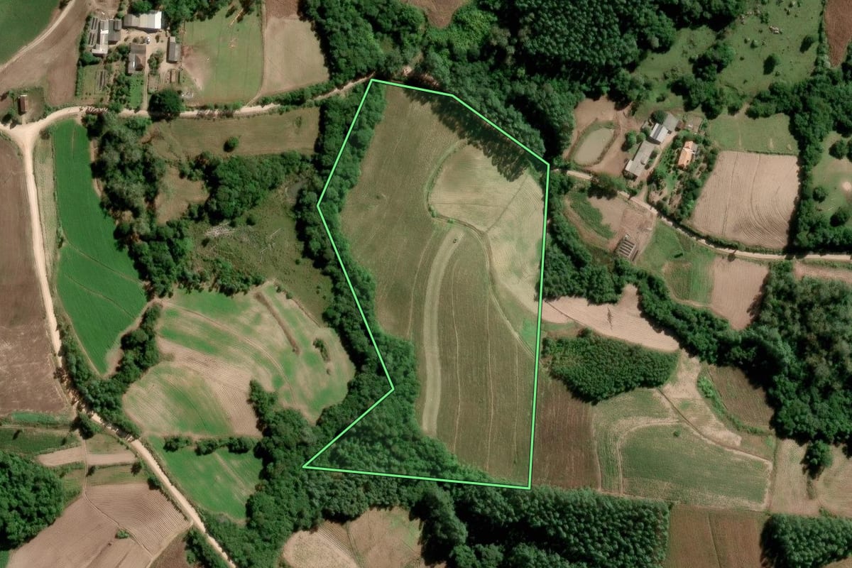 Imagem de satélite do imóvel rural em São Lourenço do Sul (RS), com o contorno declarado no CAR desenhado por cima.