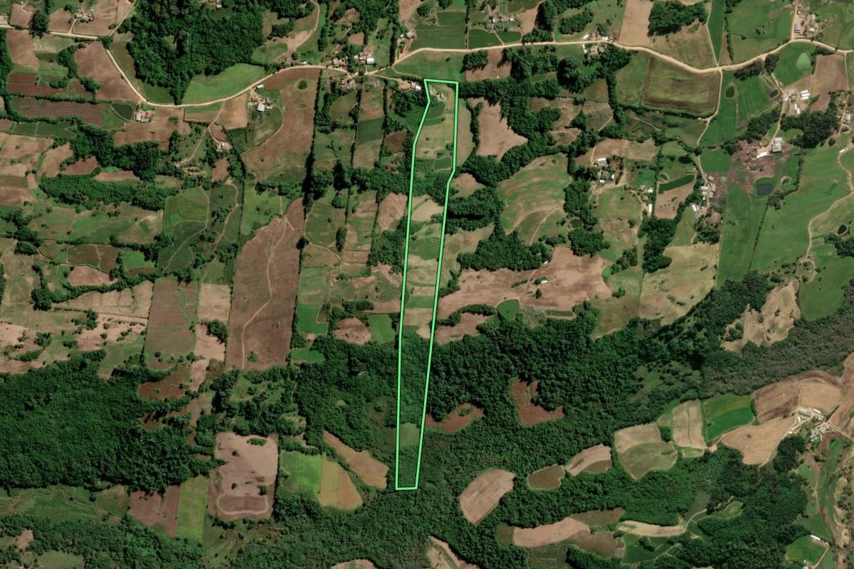 Imagem de satélite do imóvel rural em São Lourenço do Sul (RS), com o contorno declarado no CAR desenhado por cima.