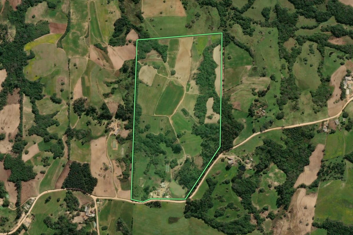 Imagem de satélite do imóvel rural em São Lourenço do Sul (RS), com o contorno declarado no CAR desenhado por cima.