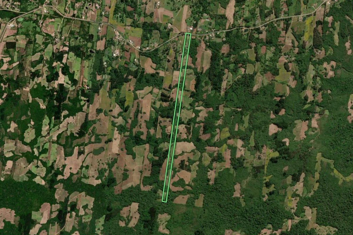 Imagem de satélite do imóvel rural em São Lourenço do Sul (RS), com o contorno declarado no CAR desenhado por cima.