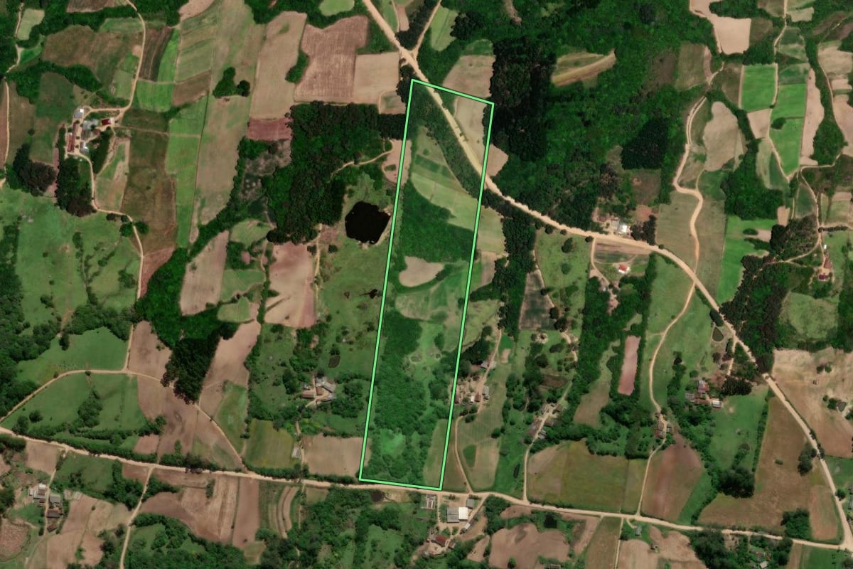 Imagem de satélite do imóvel rural em São Lourenço do Sul (RS), com o contorno declarado no CAR desenhado por cima.