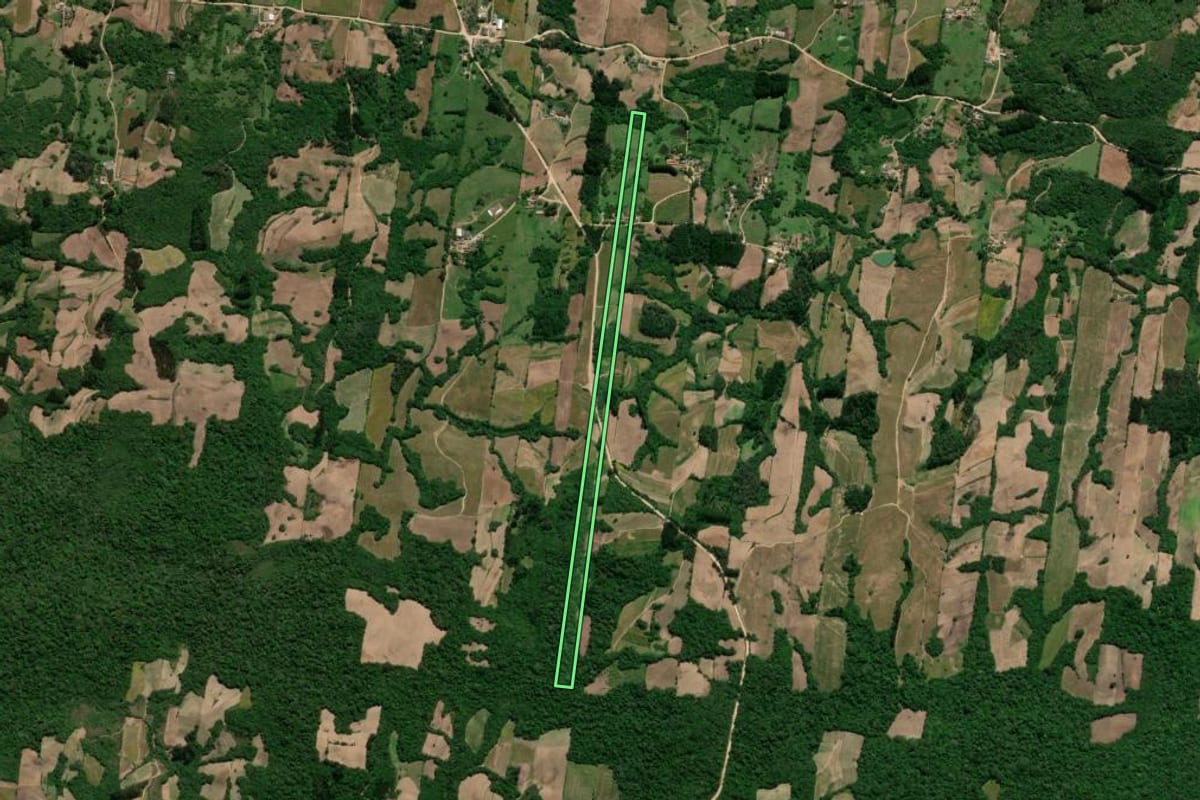 Imagem de satélite do imóvel rural em São Lourenço do Sul (RS), com o contorno declarado no CAR desenhado por cima.