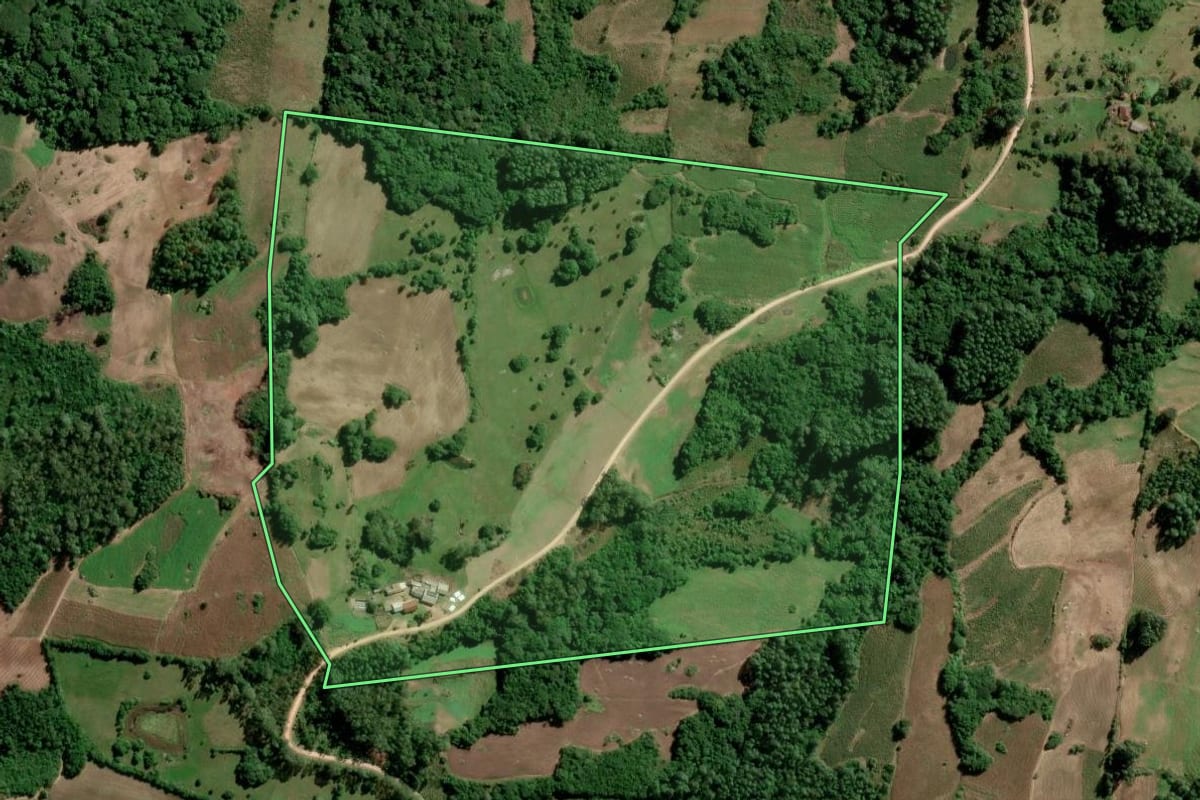 Imagem de satélite do imóvel rural em São Lourenço do Sul (RS), com o contorno declarado no CAR desenhado por cima.
