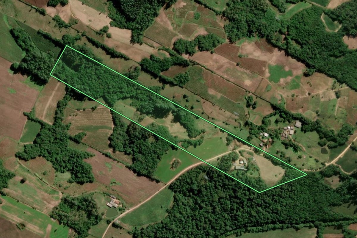 Imagem de satélite do imóvel rural em São Lourenço do Sul (RS), com o contorno declarado no CAR desenhado por cima.