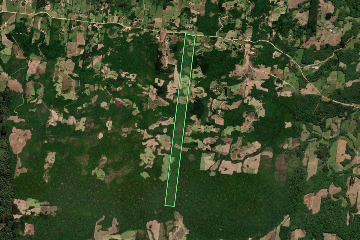 Imagem de satélite do imóvel rural em São Lourenço do Sul (RS), com o contorno declarado no CAR desenhado por cima.