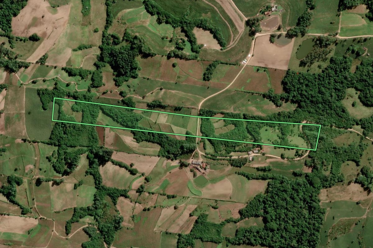 Imagem de satélite do imóvel rural em São Lourenço do Sul (RS), com o contorno declarado no CAR desenhado por cima.