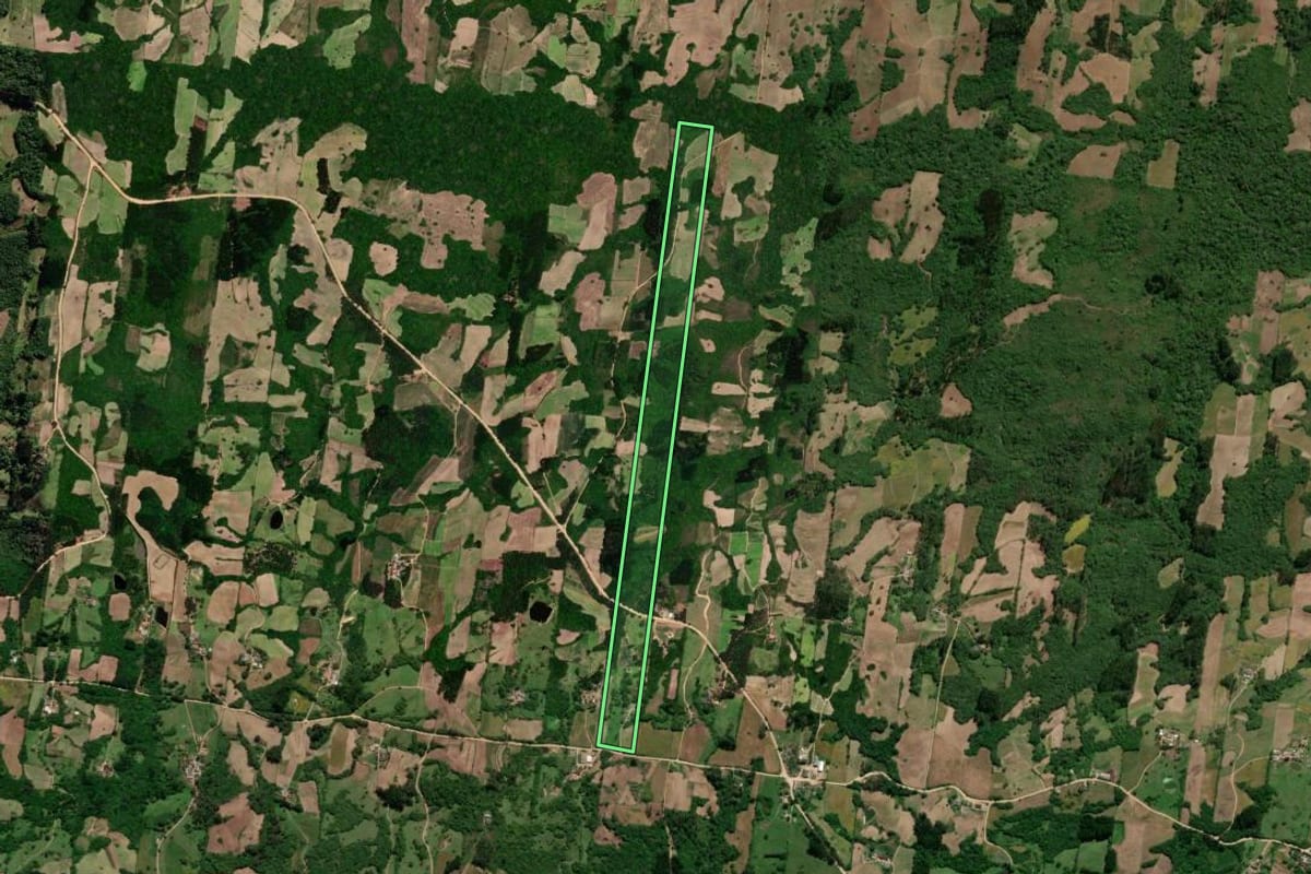 Imagem de satélite do imóvel rural em São Lourenço do Sul (RS), com o contorno declarado no CAR desenhado por cima.