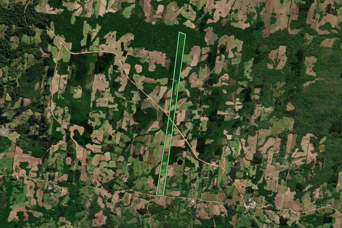 Imagem de satélite do imóvel rural em São Lourenço do Sul (RS), com o contorno declarado no CAR desenhado por cima.